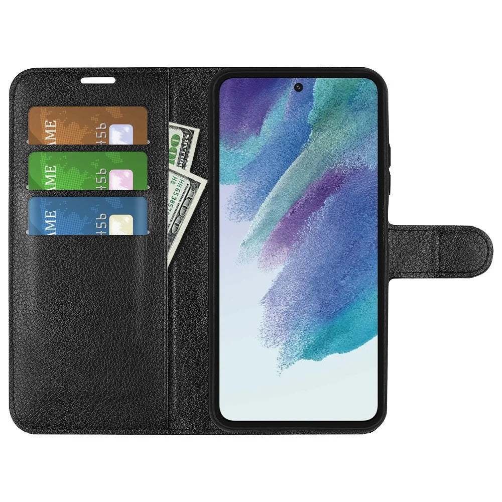 Wallet Design Litchi Texture Leather Phone Case Folio Flip Cover with Stand for Samsung Galaxy S21 FE - Black - 2