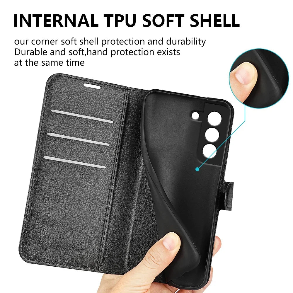 Wallet Design Litchi Texture Leather Phone Case Folio Flip Cover with Stand for Samsung Galaxy S21 FE - Black - 6
