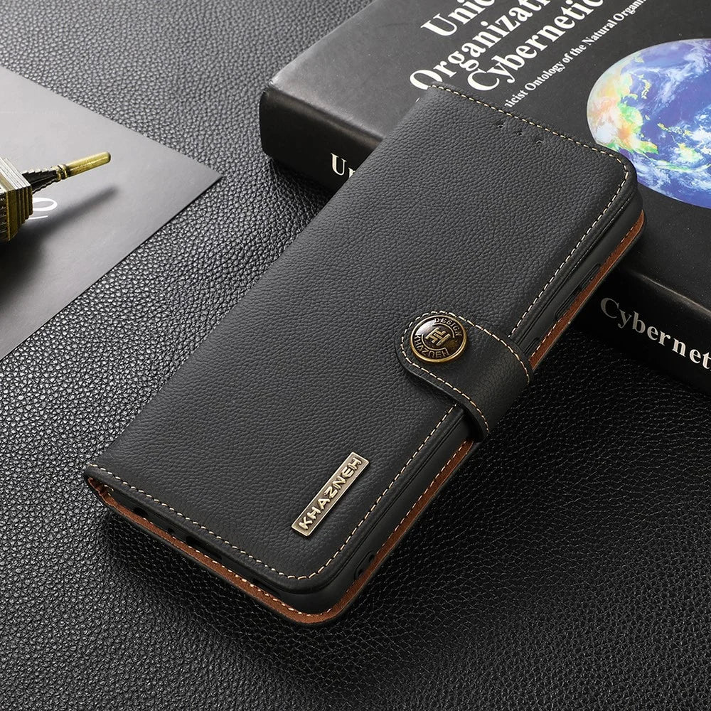KHAZNEH Textured Genuine Leather Cell Phone Covering Case with RFID Anti-theft Swiping Design for Samsung Galaxy A22 5G (EU Version) - Black - 2