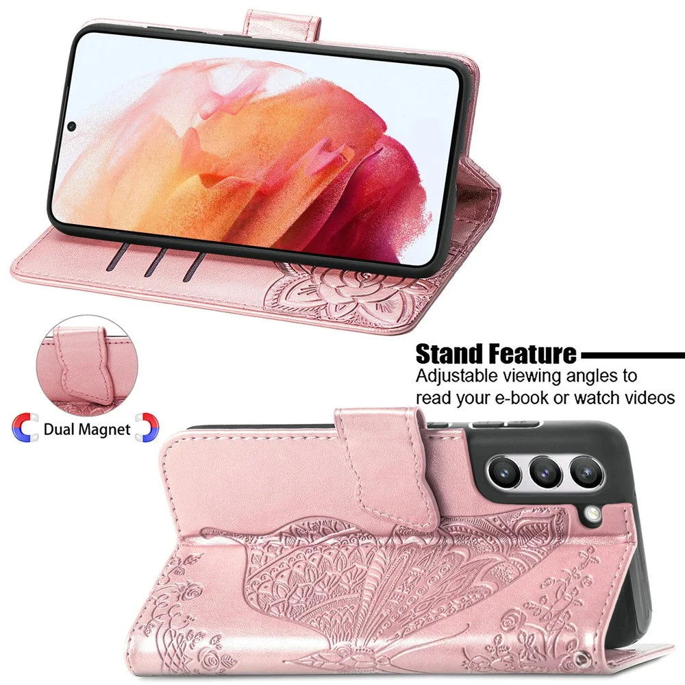 Wallet Design Big Butterfly Imprinting Leather Phone Shell with Stand for Samsung Galaxy S21 FE - Rose Gold - 2
