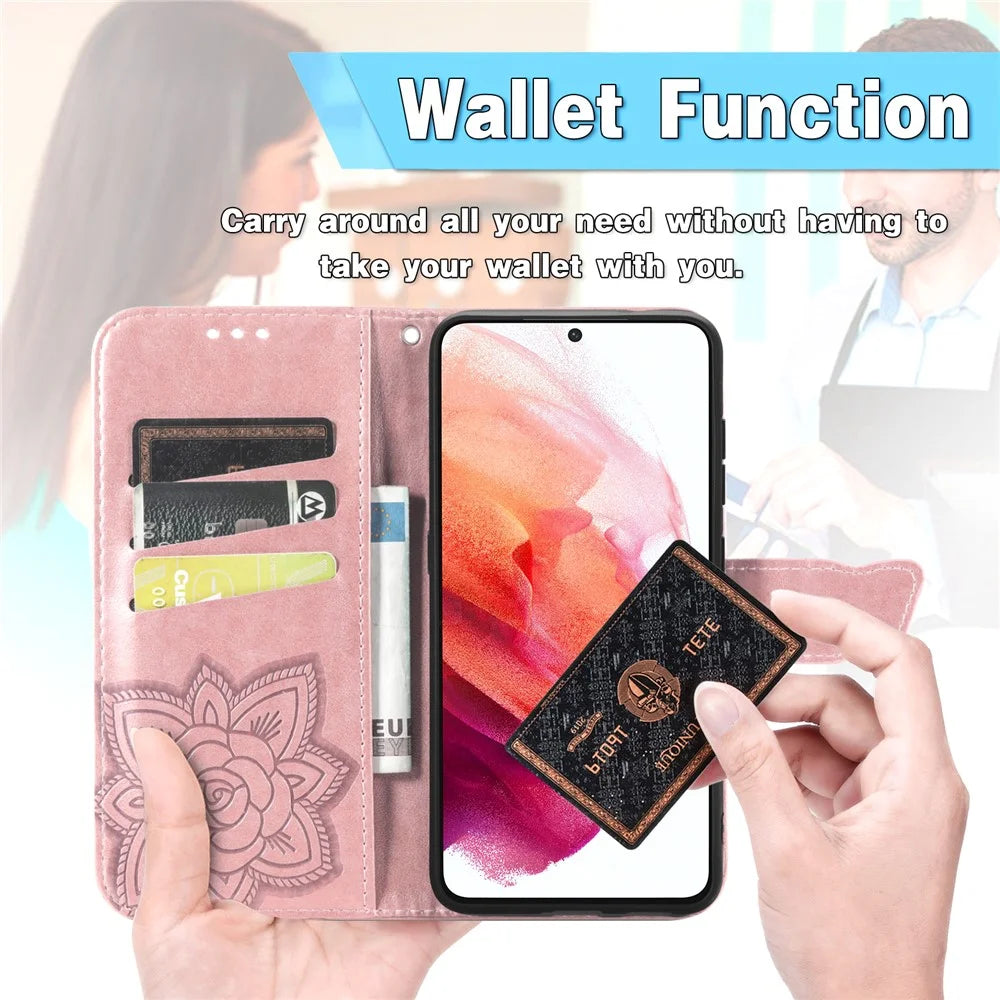 Wallet Design Big Butterfly Imprinting Leather Phone Shell with Stand for Samsung Galaxy S21 FE - Rose Gold - 5