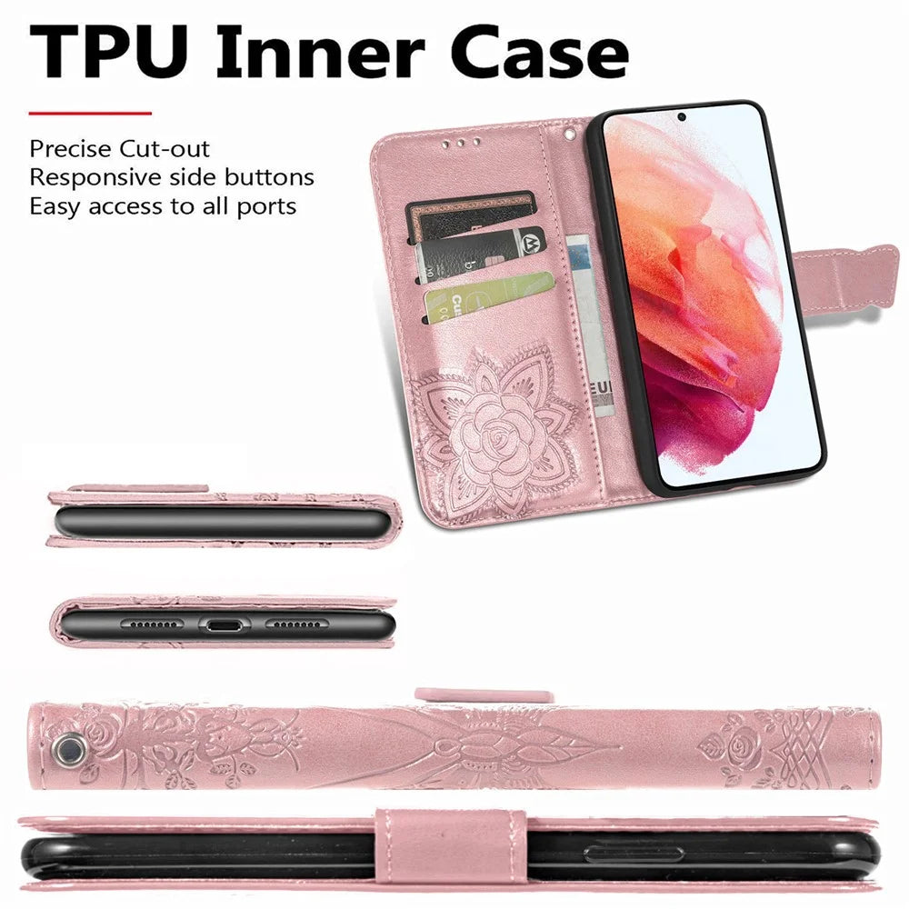 Wallet Design Big Butterfly Imprinting Leather Phone Shell with Stand for Samsung Galaxy S21 FE - Rose Gold - 6