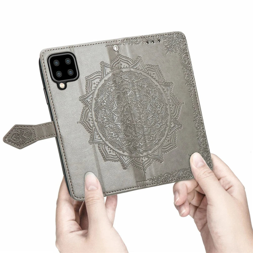 Embossed Mandala Flower PU Leather Case Stand Wallet for Samsung Galaxy A22 4G (EU Version) - Grey - 4