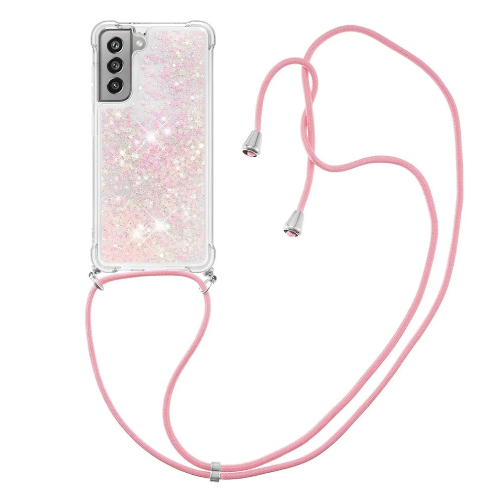 Floating Quicksand Shiny Glitter TPU Phone Cover with Strap for Samsung Galaxy S21 FE/S21 Fan Edition - Pink Stars - 1