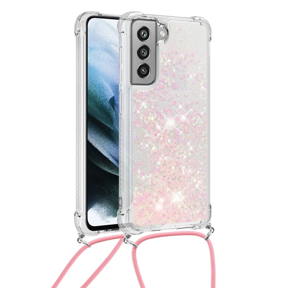 Floating Quicksand Shiny Glitter TPU Phone Cover with Strap for Samsung Galaxy S21 FE/S21 Fan Edition - Pink Stars - 5