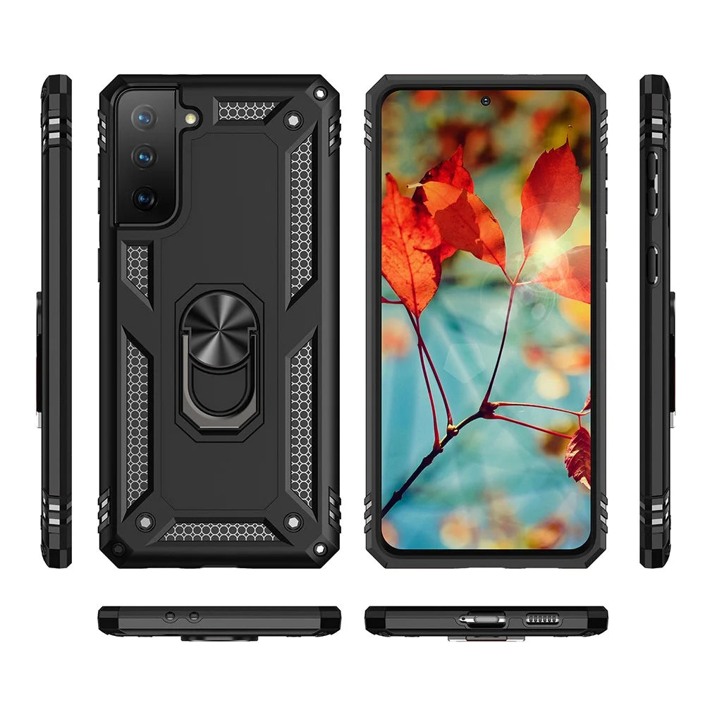 Anti-Fall Phone Hybrid PC + TPU + Metal Case Cover with Finger Ring Kickstand for Samsung Galaxy S21 FE - Black - 3