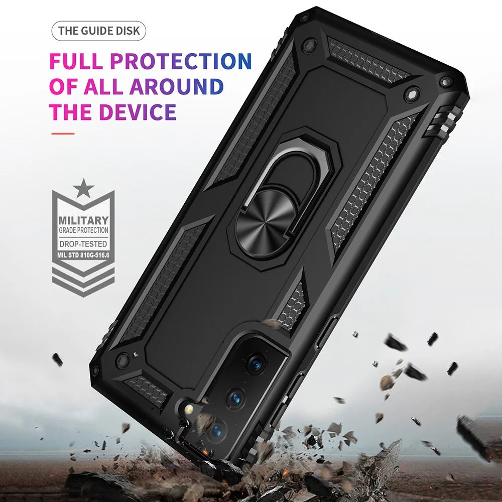 Anti-Fall Phone Hybrid PC + TPU + Metal Case Cover with Finger Ring Kickstand for Samsung Galaxy S21 FE - Black - 6