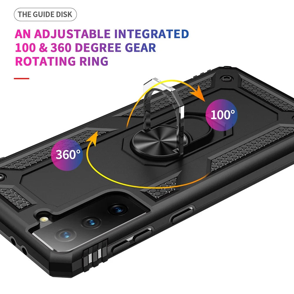 Anti-Fall Phone Hybrid PC + TPU + Metal Case Cover with Finger Ring Kickstand for Samsung Galaxy S21 FE - Black - 7