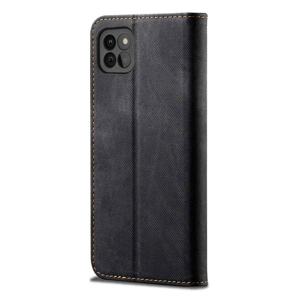 Jeans Cloth Texture Leather Phone Case Wallet Stand Cover for Samsung Galaxy A22 5G (EU Version) - Black - 3