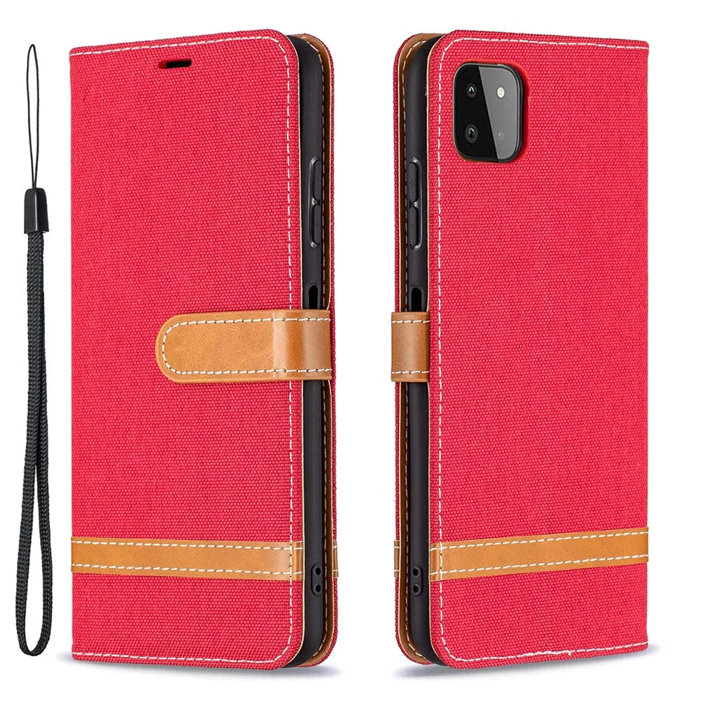 Assorted Color Jeans Cloth Leather Wallet Case with Hand Strap for Samsung Galaxy A22 5G (EU Version) - Red - 1