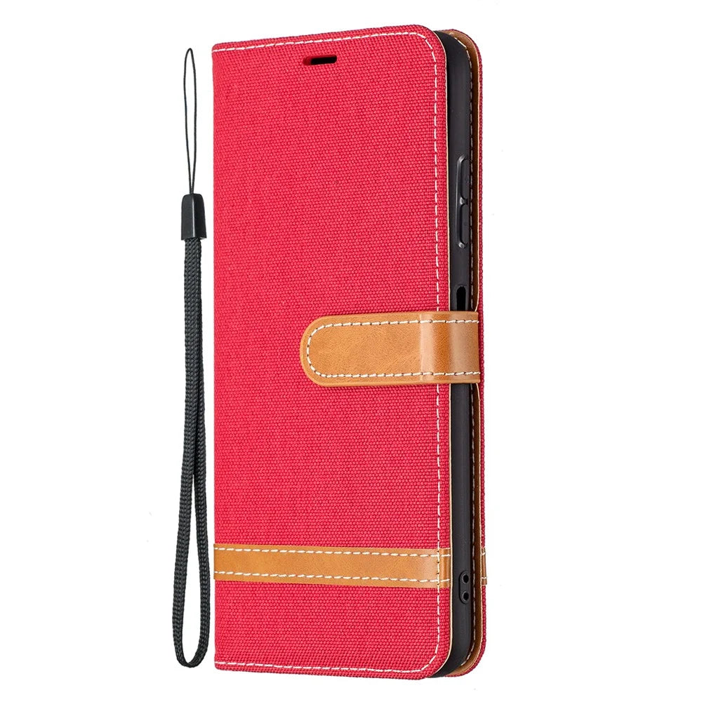 Assorted Color Jeans Cloth Leather Wallet Case with Hand Strap for Samsung Galaxy A22 5G (EU Version) - Red - 2