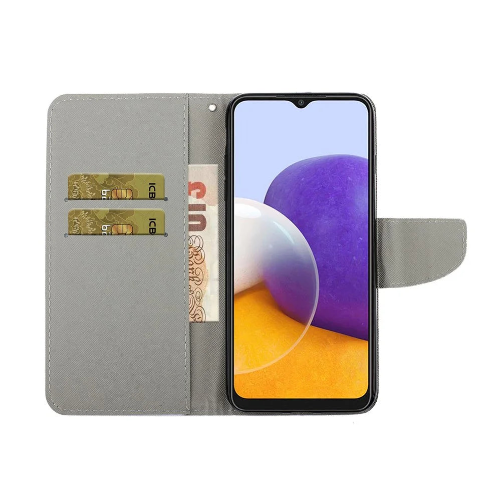 Pattern Printing Leather Wallet Phone Shell Case for Samsung Galaxy A22 4G (EU Version) - White Wolf - 7