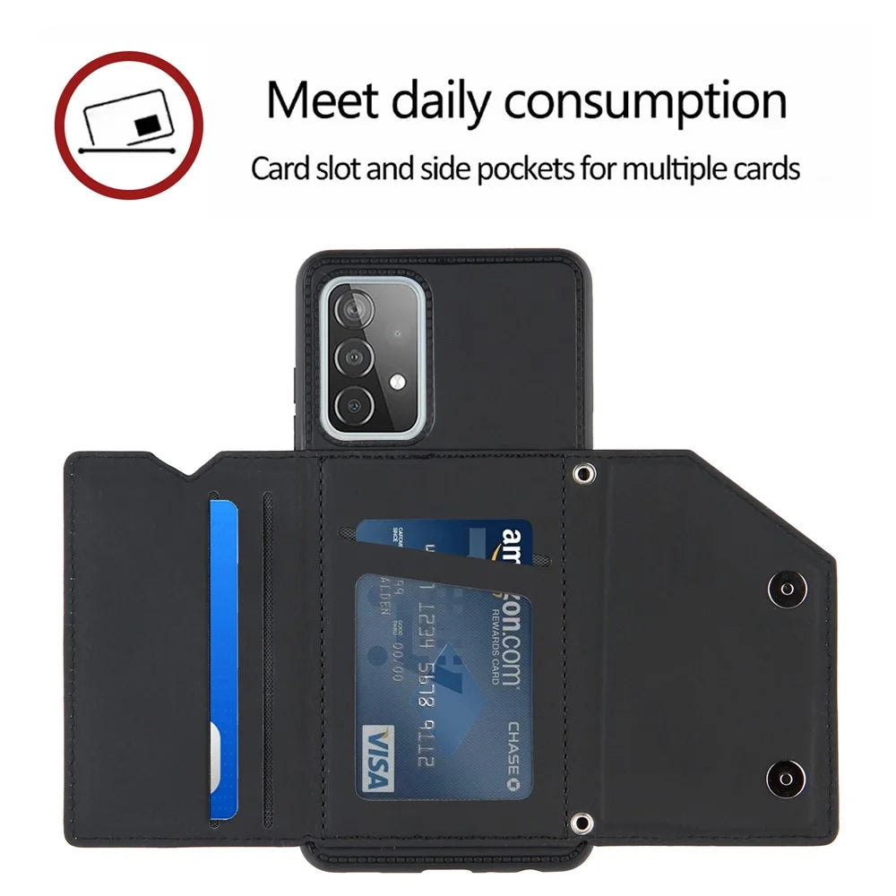 Smooth Leather Card Holder Design Phone Stand Case with Shoulder Strap for Samsung Galaxy A52 4G/5G / A52s 5G / A52s 5G - Black - 3