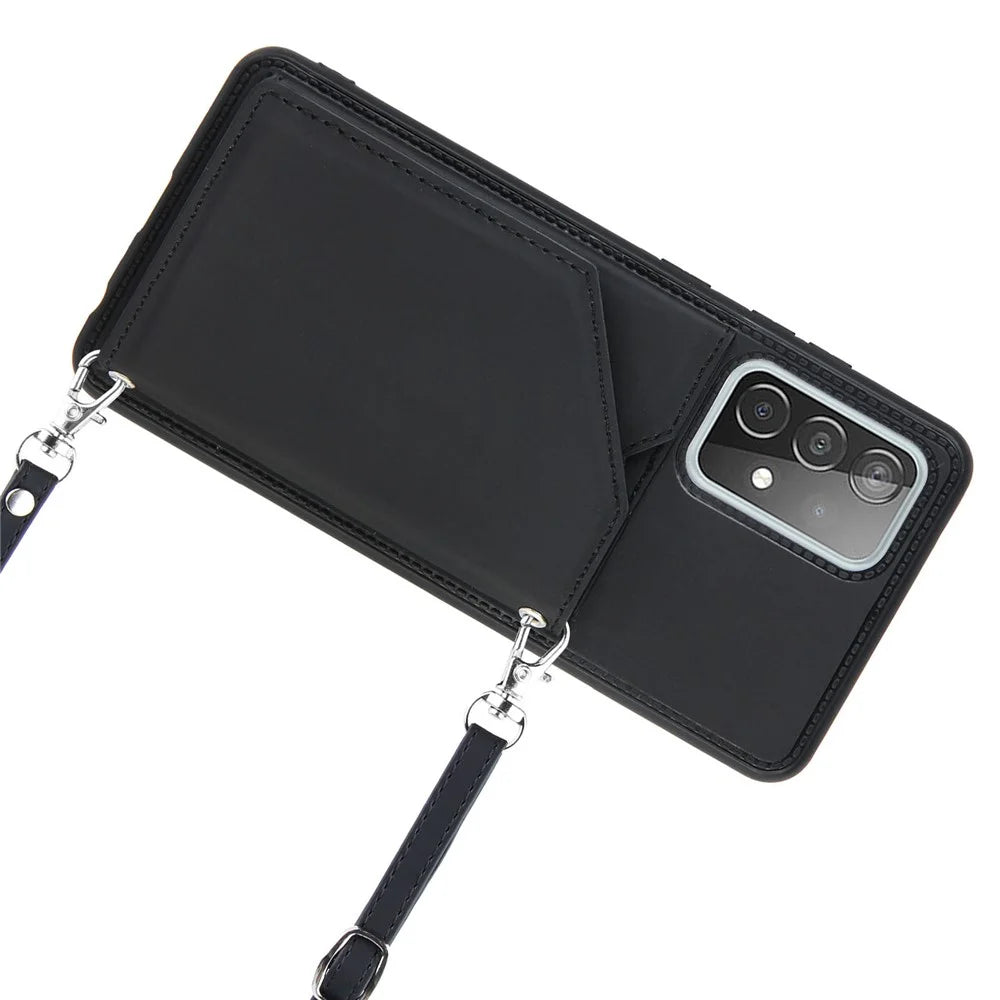 Smooth Leather Card Holder Design Phone Stand Case with Shoulder Strap for Samsung Galaxy A52 4G/5G / A52s 5G / A52s 5G - Black - 6
