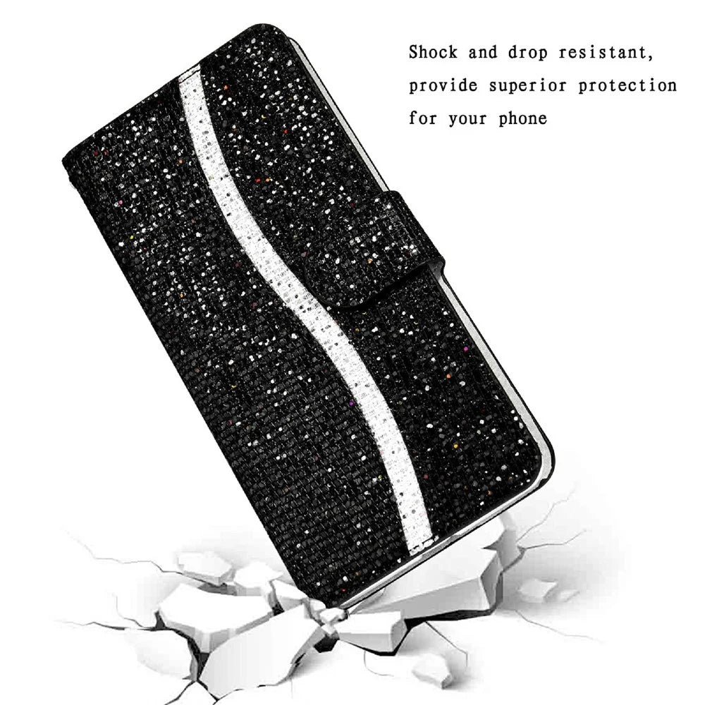 Wallet Stand Design Glittery Powder Splicing Leather Case with Hand Strap for Samsung Galaxy S21 FE - Black - 3