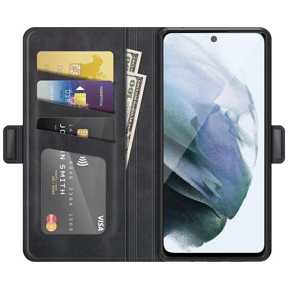 Wallet PU Leather Phone Stand Case Shell with Magnetic Clasp Closure for Samsung Galaxy S21 FE - Black - 4