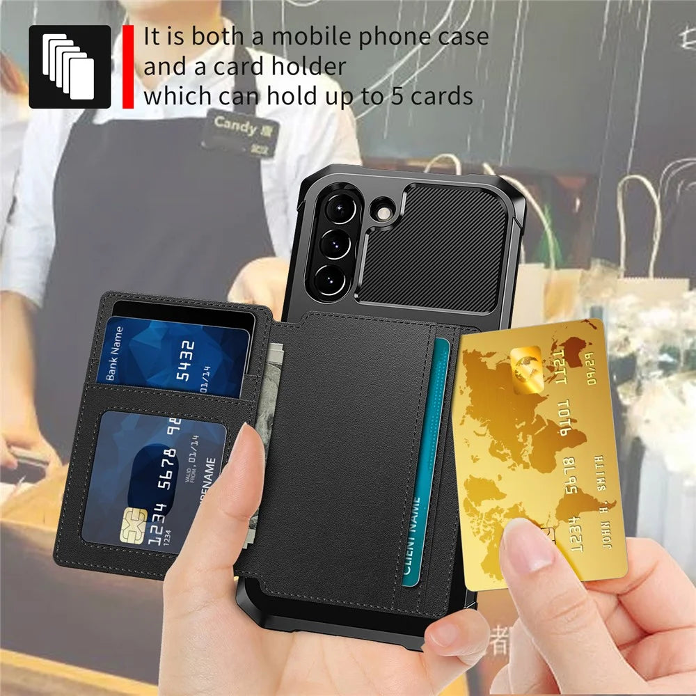 ZM03 for Samsung Galaxy S21 FE Kickstand PU Leather Coated TPU Protector Cover with Card Holder Built-in Magnetic Sheet - Black - 4