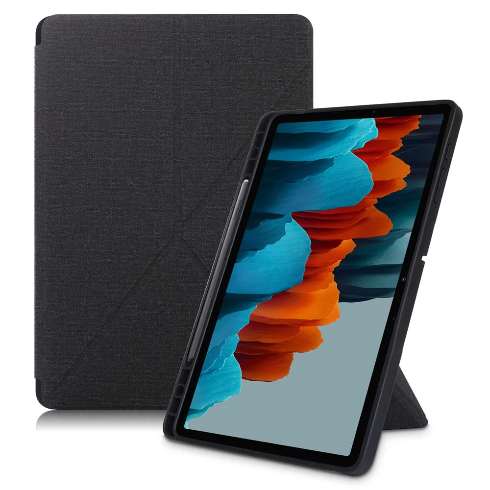 Origami Stand Design Plain Cloth Smart Tablet Case for Samsung Galaxy Tab S7 FE T736 / Tab S7+ / Tab S8+ - Black - 1