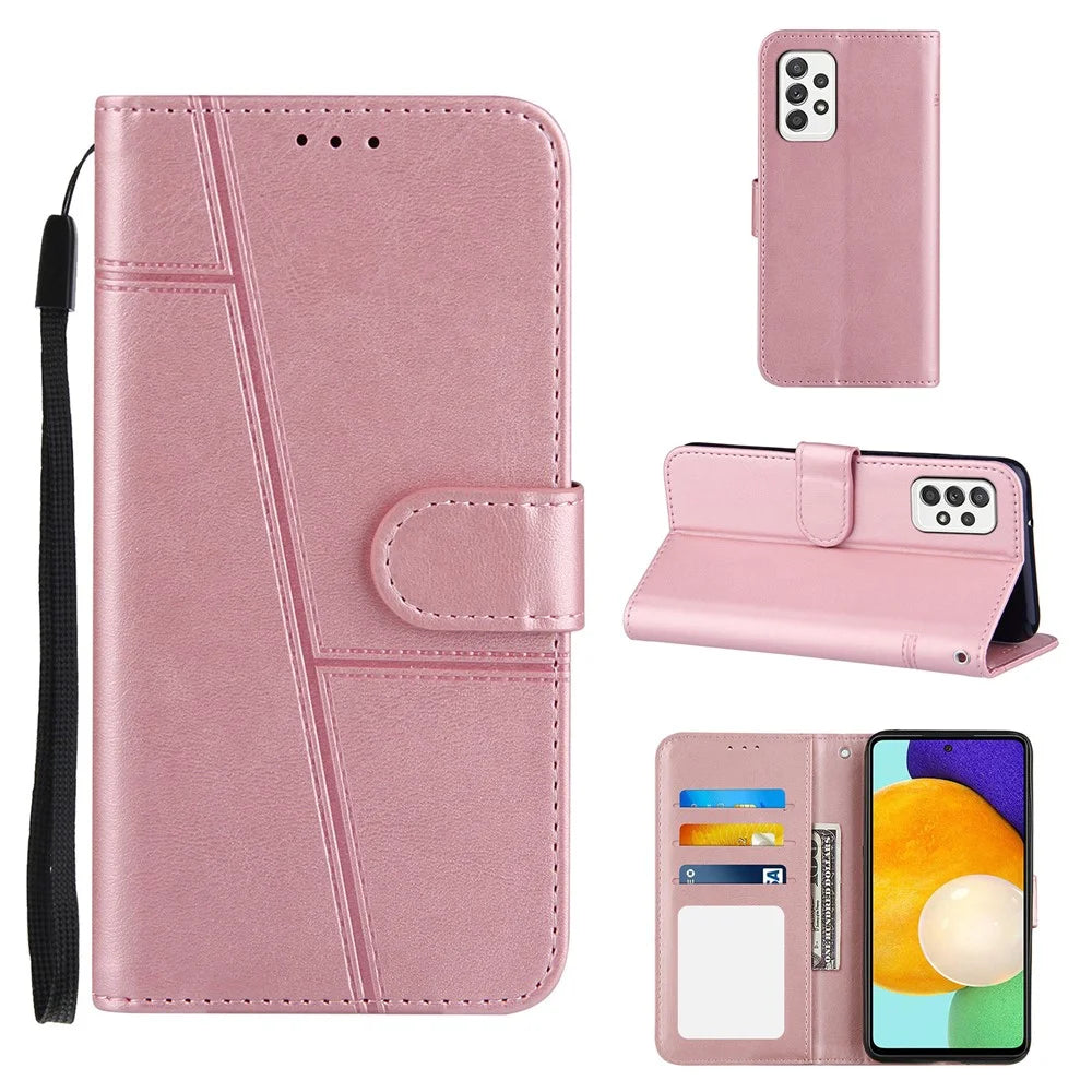 Concise Splicing Leather Phone Cover Stand Case with Wallet and Strap for Samsung Galaxy A52 4G/5G / A52s 5G - Pink - 7