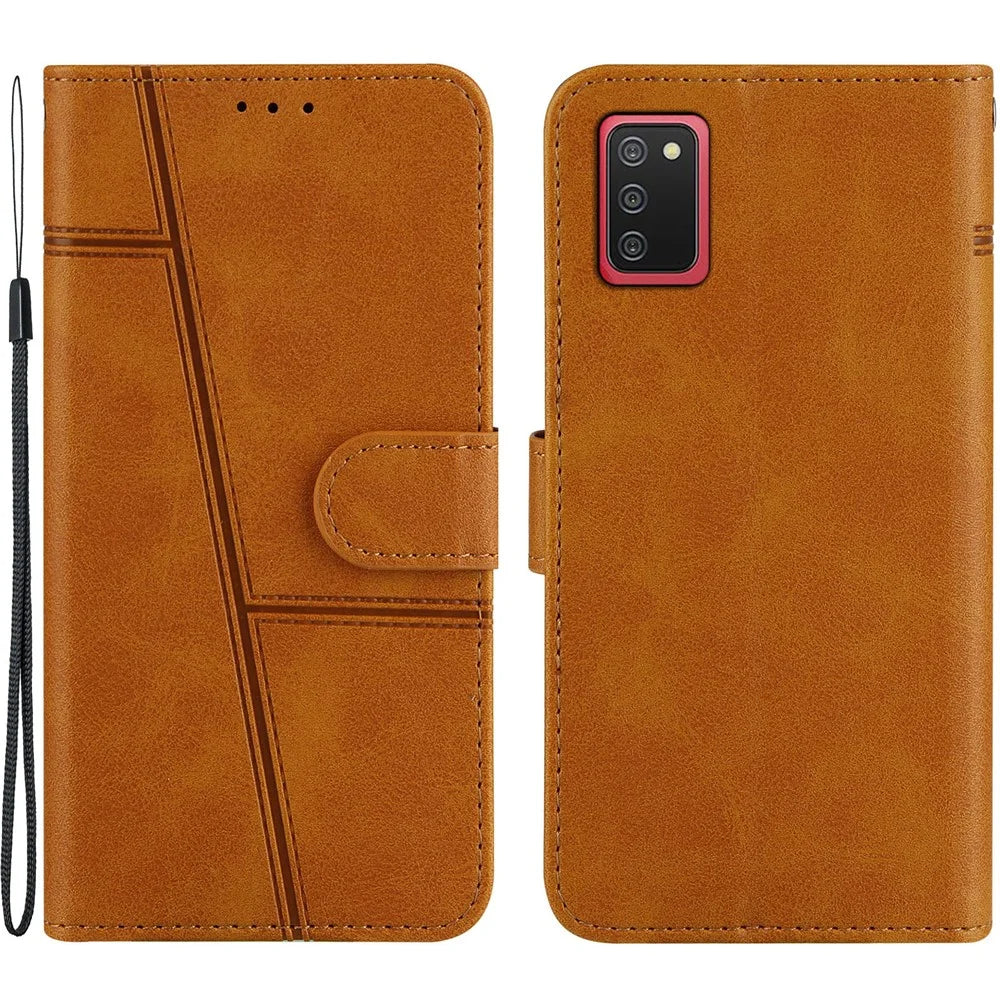 Splicing Leather Phone Cover Wallet Case with Stand and Strap for Samsung Galaxy A02s (164.2mm) - Brown - 1