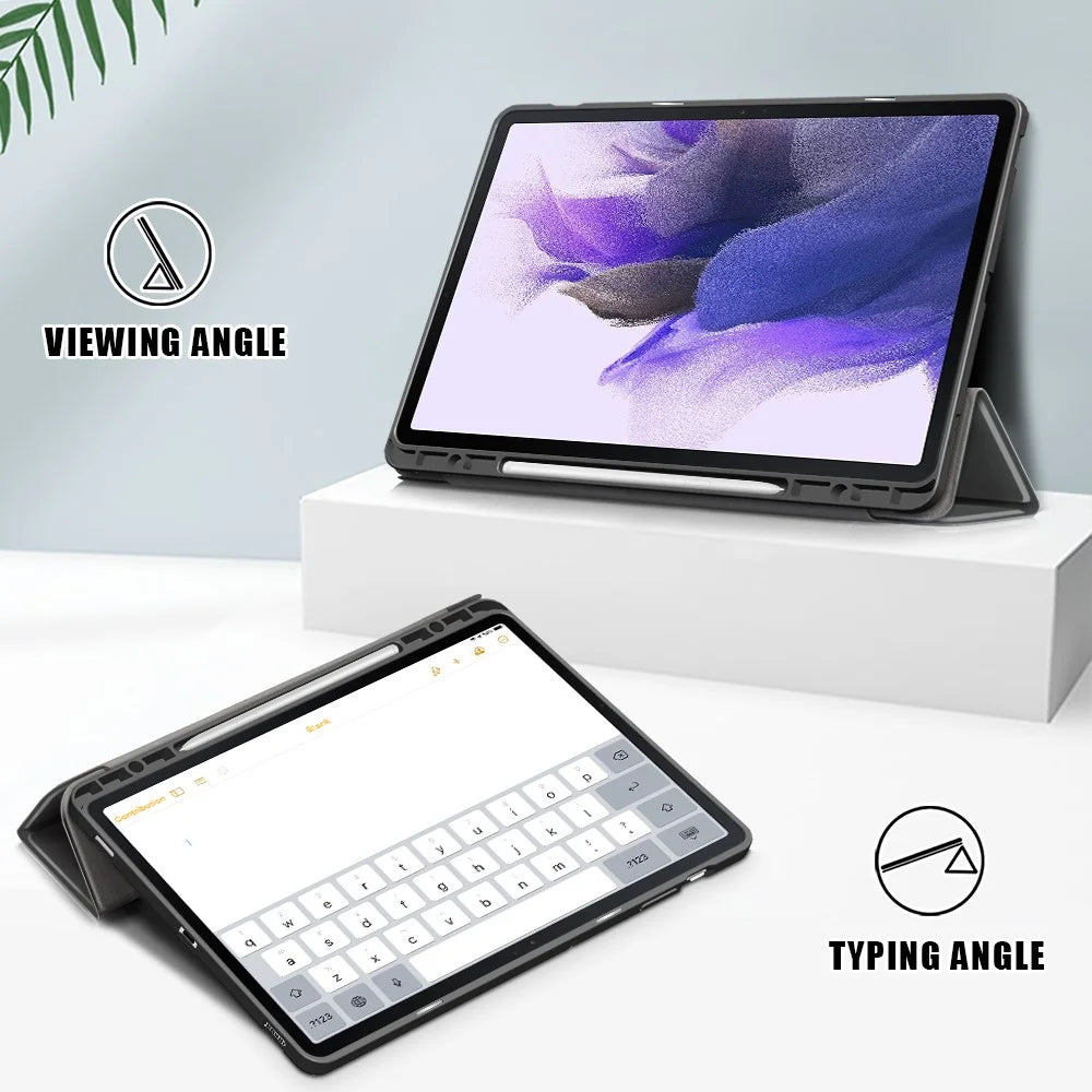 Tri-fold Stand Design TPU + PU Leather Cover with Pen Slot for Samsung Galaxy Tab S7 FE T736 / Tab S7+ / Tab S8+ - Grey - 2