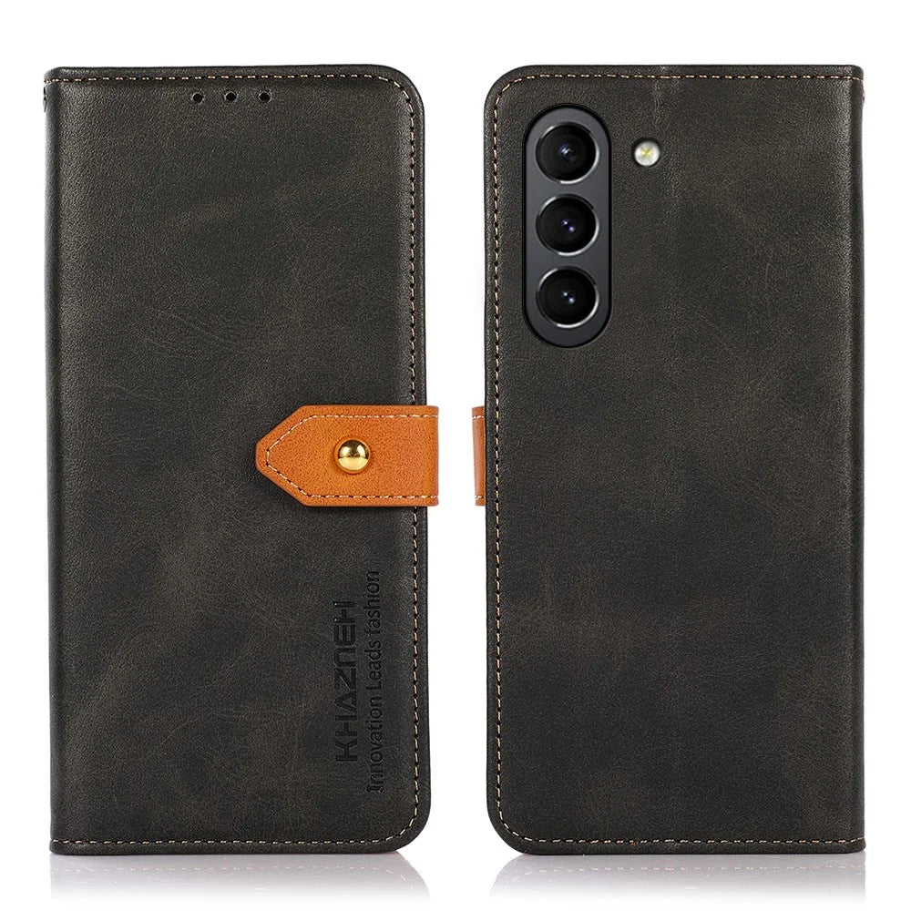 KHAZNEH Golden Magnetic Clasp Stand Wallet Design PU Leather Case for Samsung Galaxy S21 FE - Black - 1