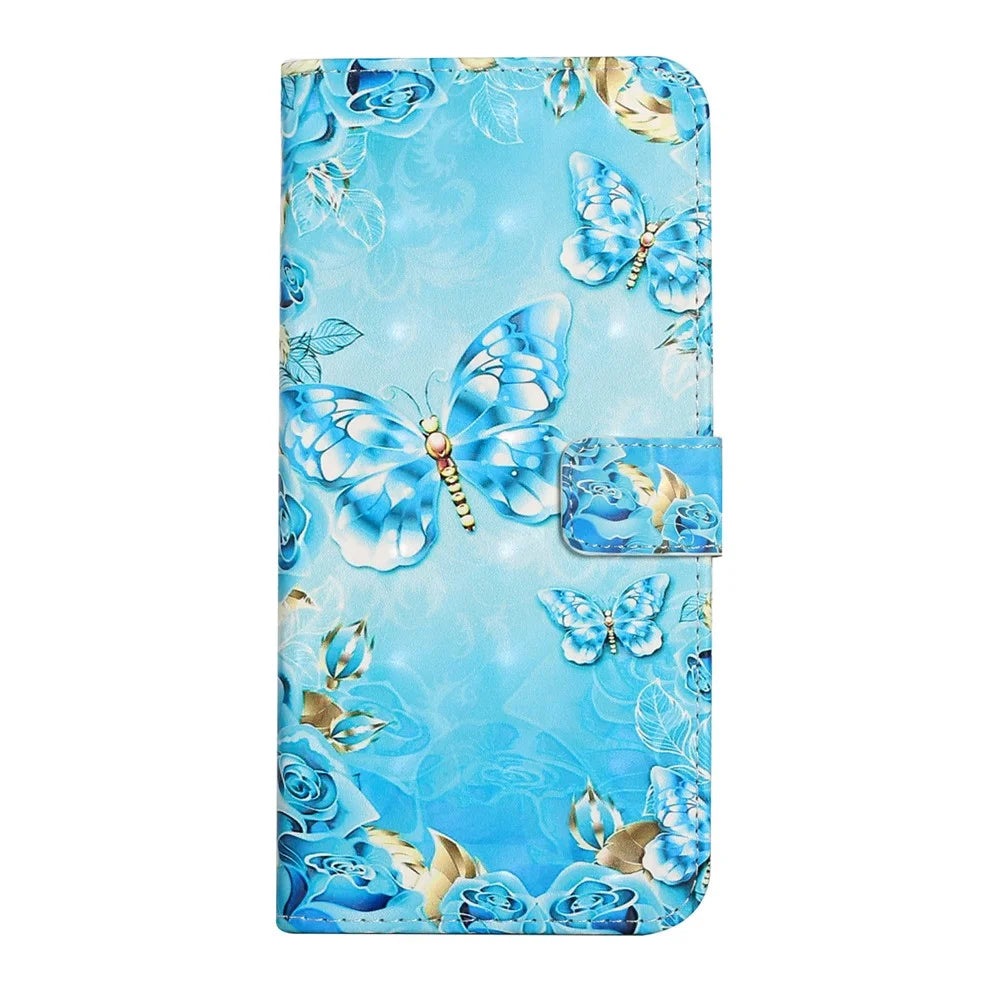 3D Cute Pattern Printing Wallet PU Leather Wallet Case Flip Folio Stand View for Samsung Galaxy A02s (164.2mm) / M02s - Blue / Gold Butterfly - 2