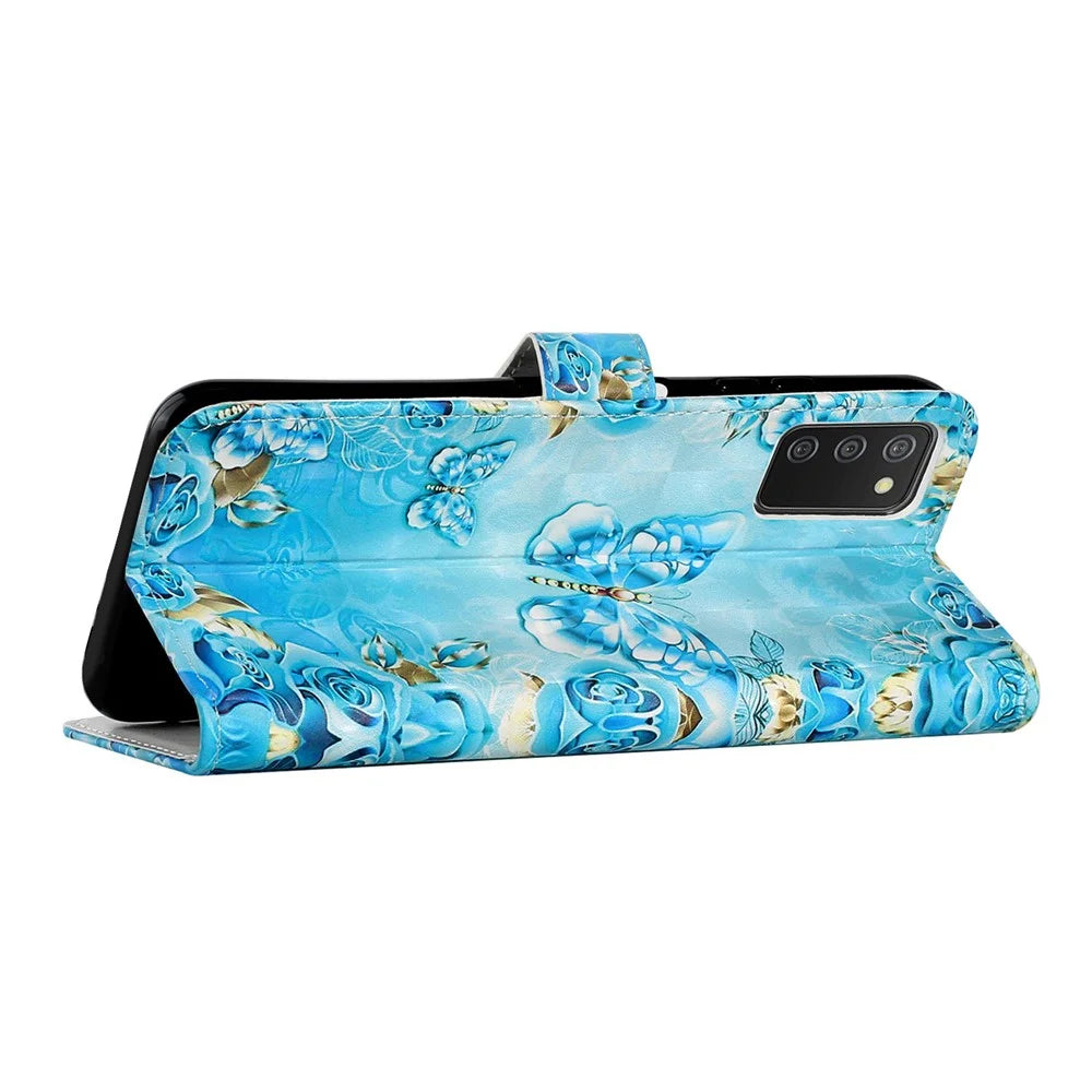 3D Cute Pattern Printing Wallet PU Leather Wallet Case Flip Folio Stand View for Samsung Galaxy A02s (164.2mm) / M02s - Blue / Gold Butterfly - 4