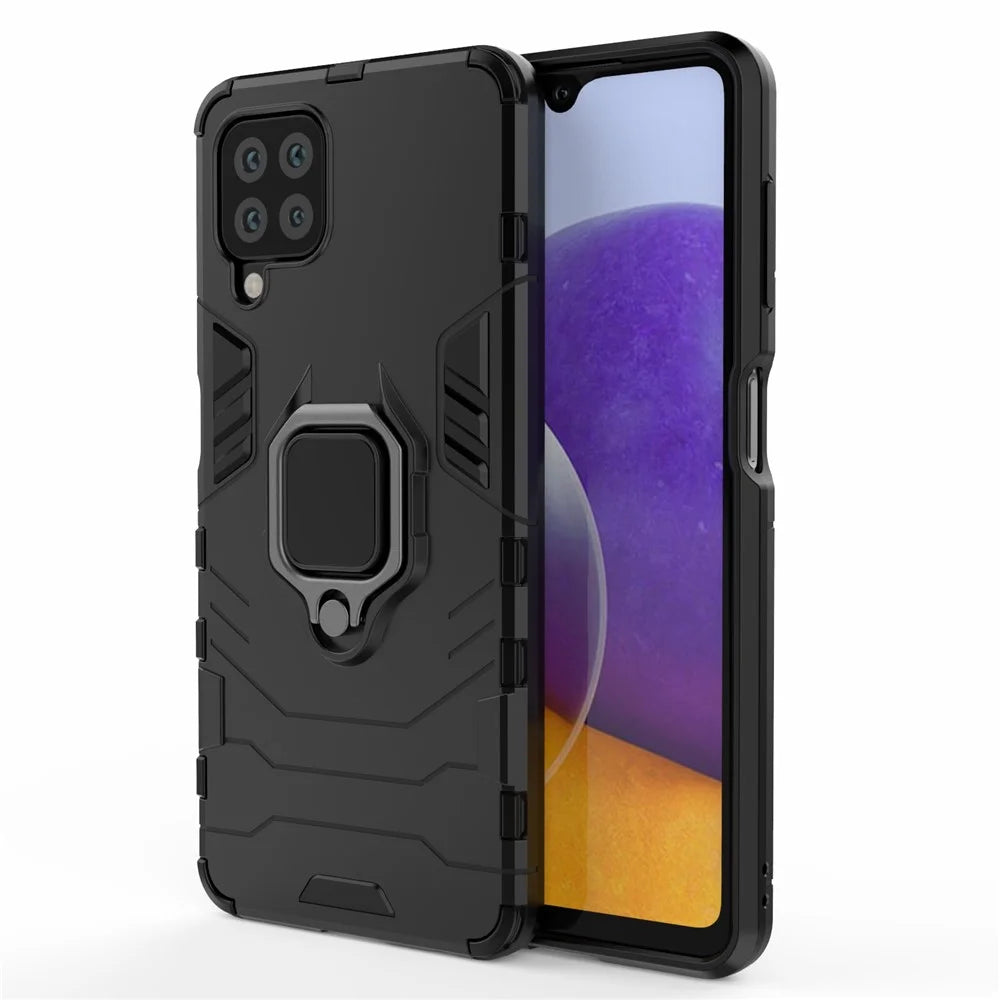 PC TPU Hybrid Phone Case Cover with Ring Holder Kickstand for Samsung Galaxy A22 4G (EU Version) - Black - 1