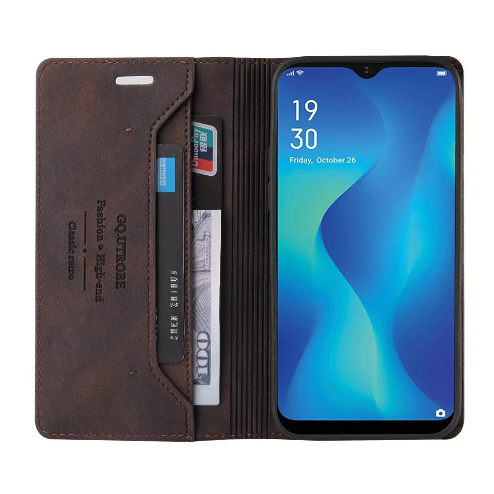 GQ.UTROBE Auto-absorbed Leather Wallet Phone Case with Anti-theft Swiping Design for Samsung Galaxy A22 5G (EU Version) - Coffee - 6