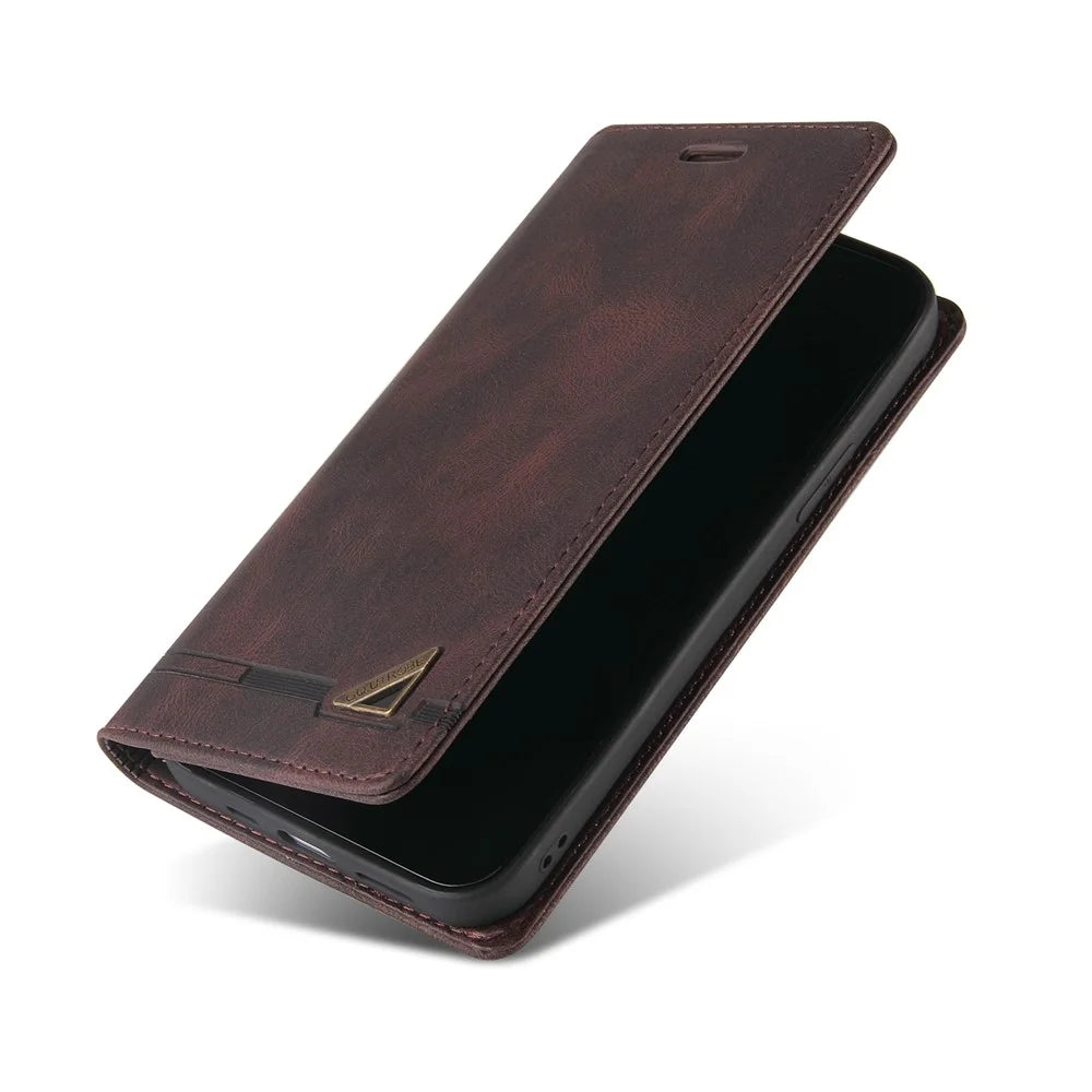 GQ.UTROBE Auto-absorbed Leather Wallet Phone Case with Anti-theft Swiping Design for Samsung Galaxy A22 5G (EU Version) - Coffee - 7