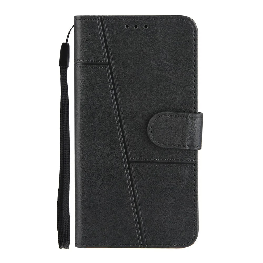 Splicing Leather Mobile Phone Cover Wallet Stand Design Case with Strap for Samsung Galaxy A12 - Black - 2
