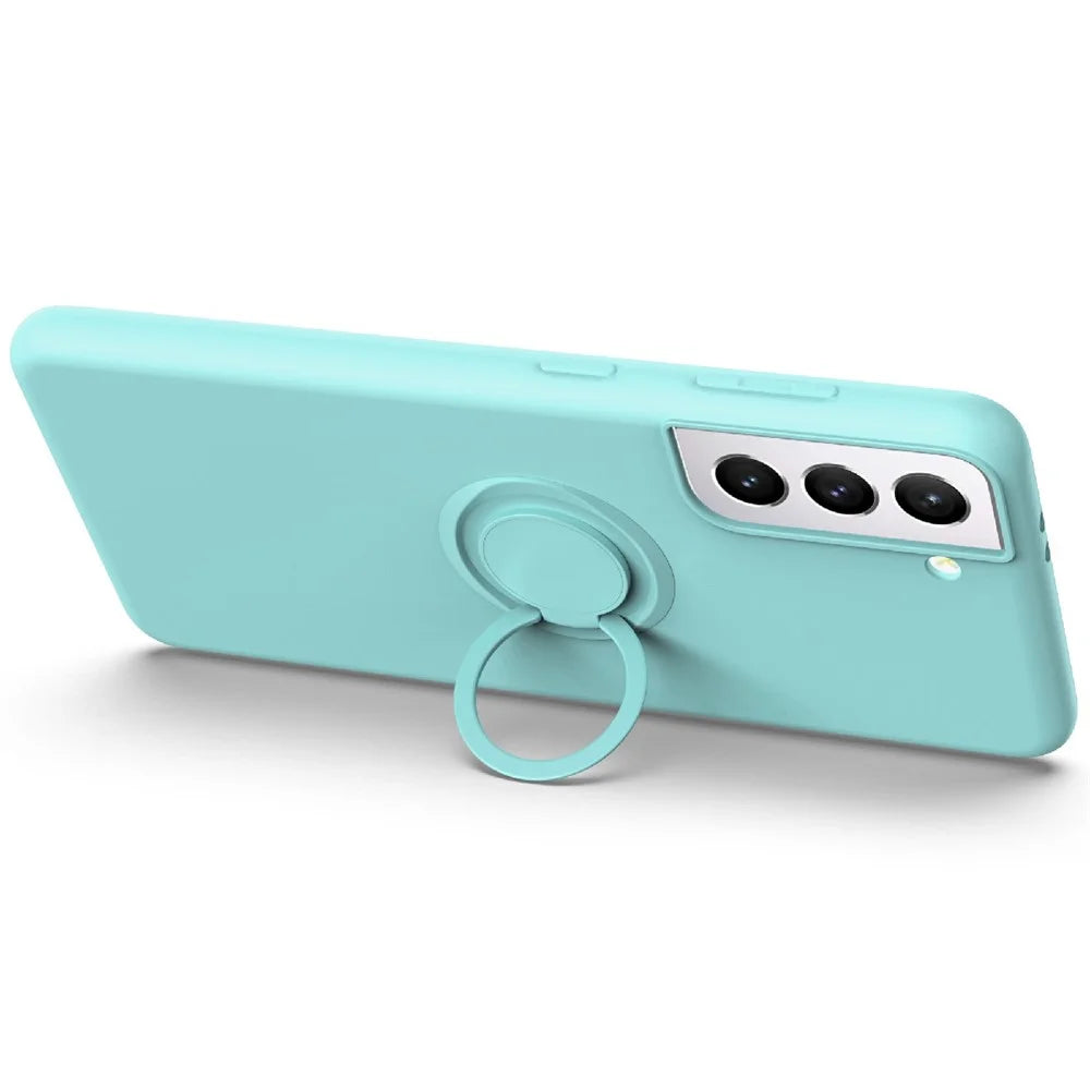 Liquid Silicone Ring Kickstand Design Phone Protective Shell with Strap for Samsung Galaxy S21+ 5G - Black - 2