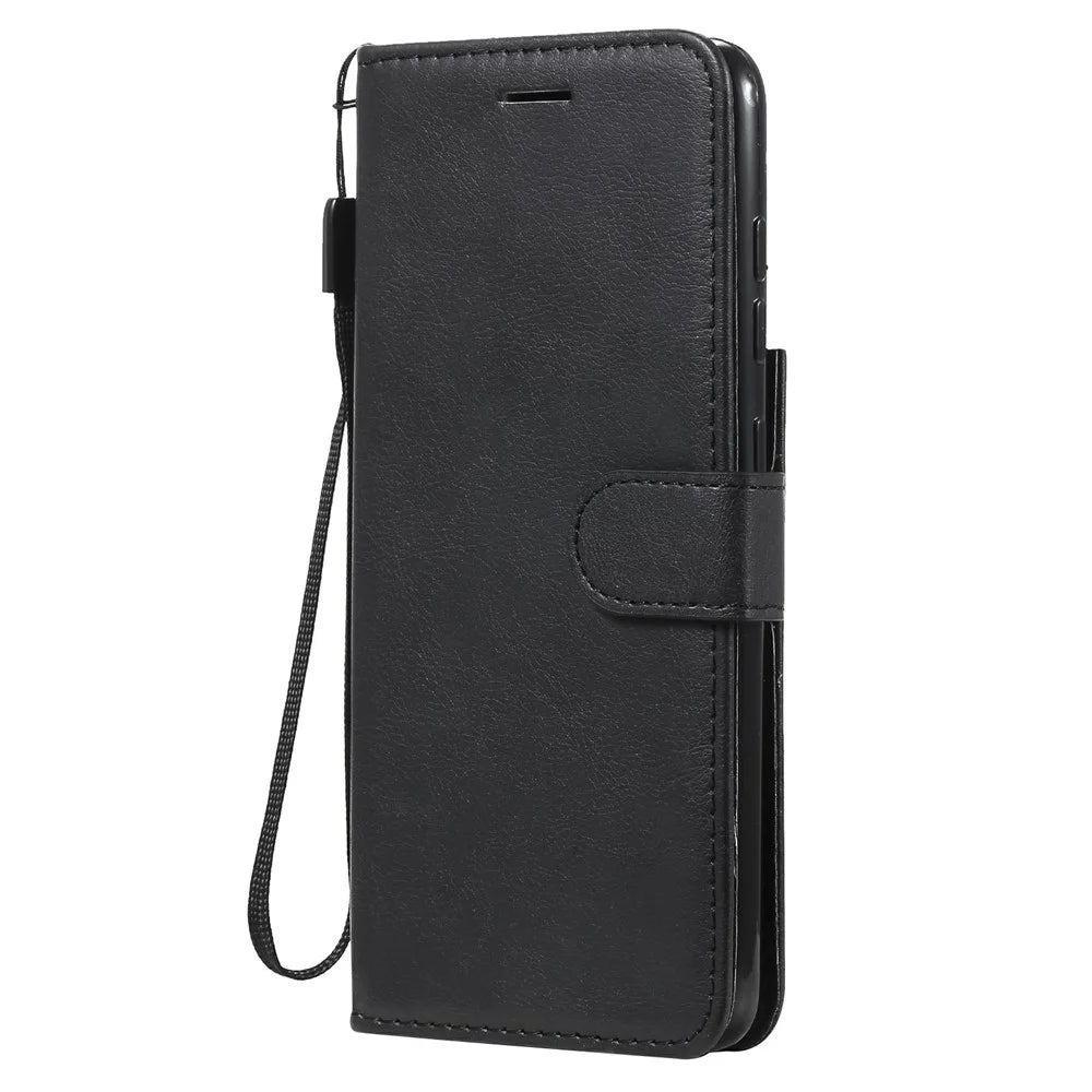 For Samsung Galaxy S21 FE Case Solid Color Leather Mobile Cover Wallet Stand with Strap - Black - 2