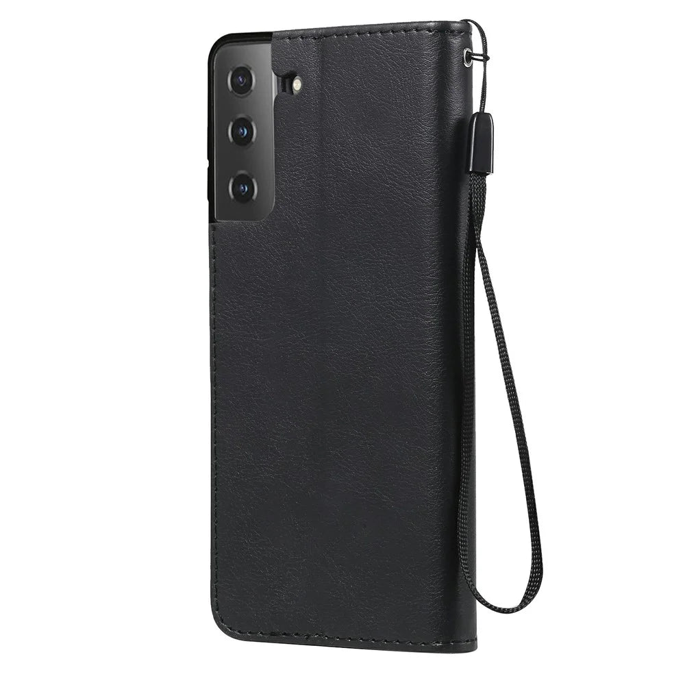 For Samsung Galaxy S21 FE Case Solid Color Leather Mobile Cover Wallet Stand with Strap - Black - 3