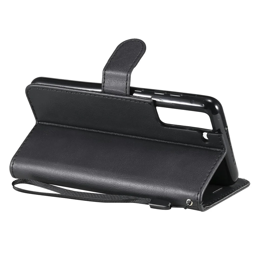 For Samsung Galaxy S21 FE Case Solid Color Leather Mobile Cover Wallet Stand with Strap - Black - 4