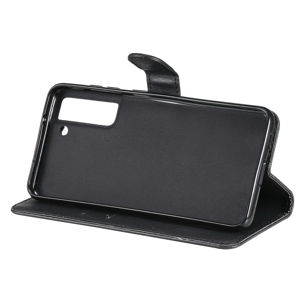 For Samsung Galaxy S21 FE Case Solid Color Leather Mobile Cover Wallet Stand with Strap - Black - 5