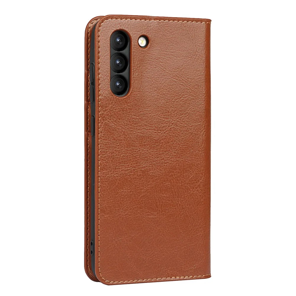 Crazy Horse Genuine Leather Protective Wallet Phone Case with Stand for Samsung Galaxy S21 FE - Brown - 5