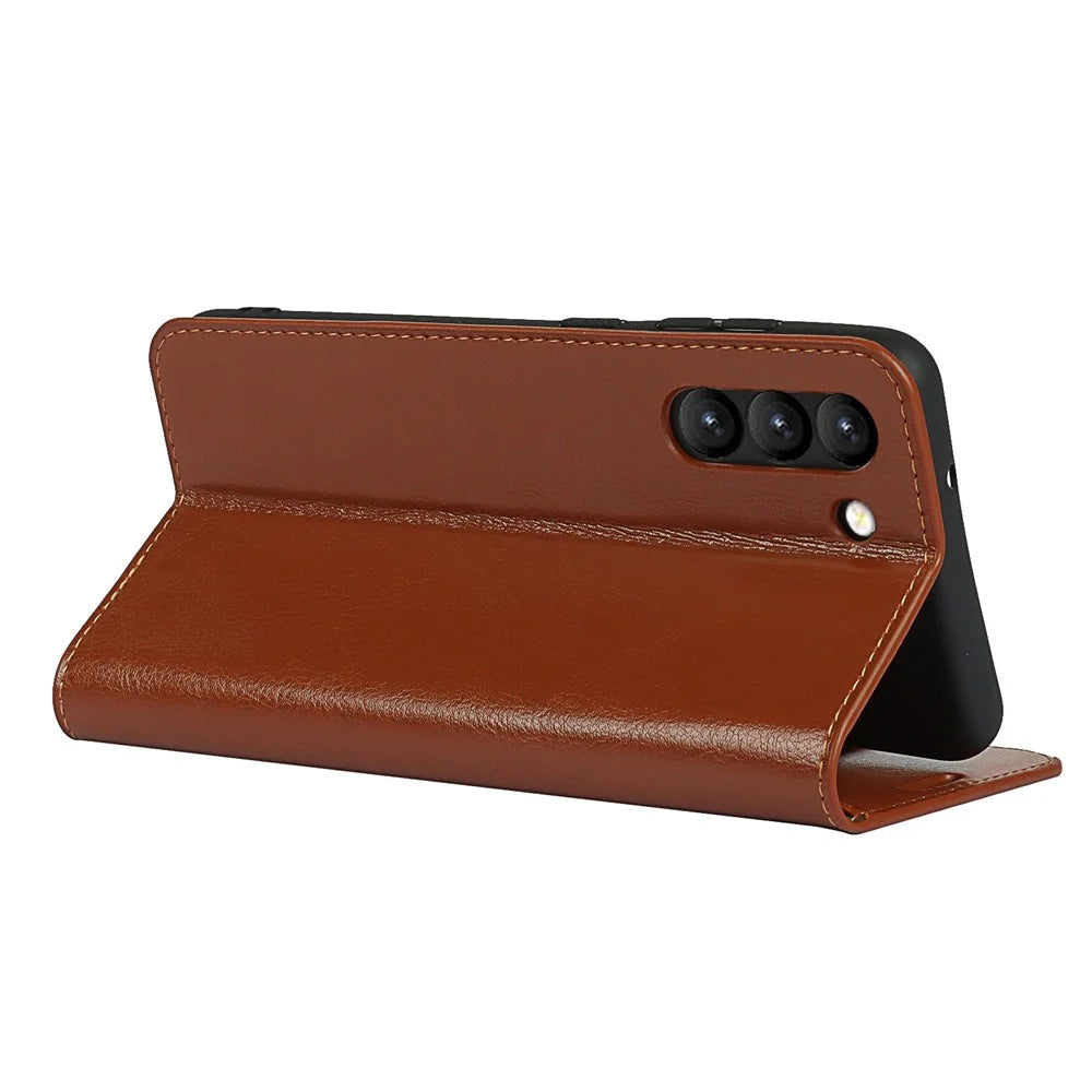 Crazy Horse Genuine Leather Protective Wallet Phone Case with Stand for Samsung Galaxy S21 FE - Brown - 6