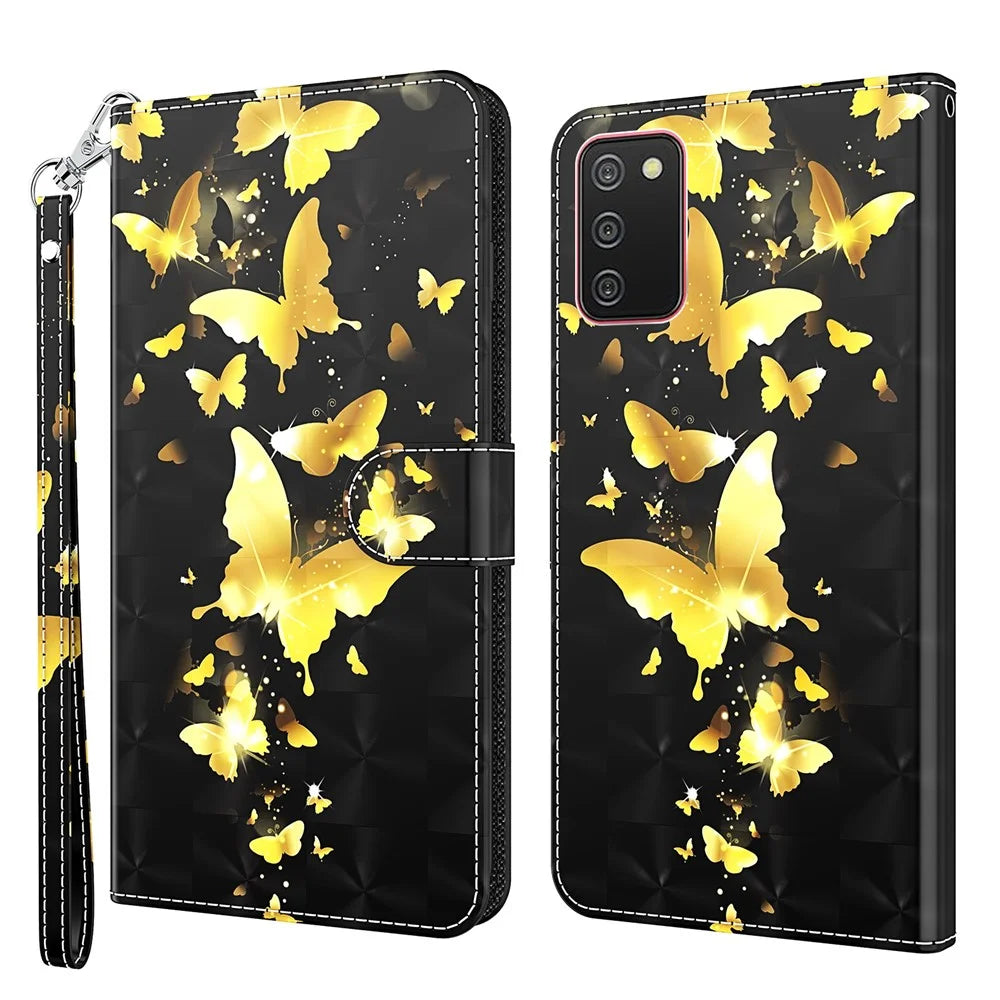 Pattern Printing Wallet Stand Leather Phone Cover with Strap for Samsung Galaxy A03s (166.5mm) - Golden Butterfly - 1