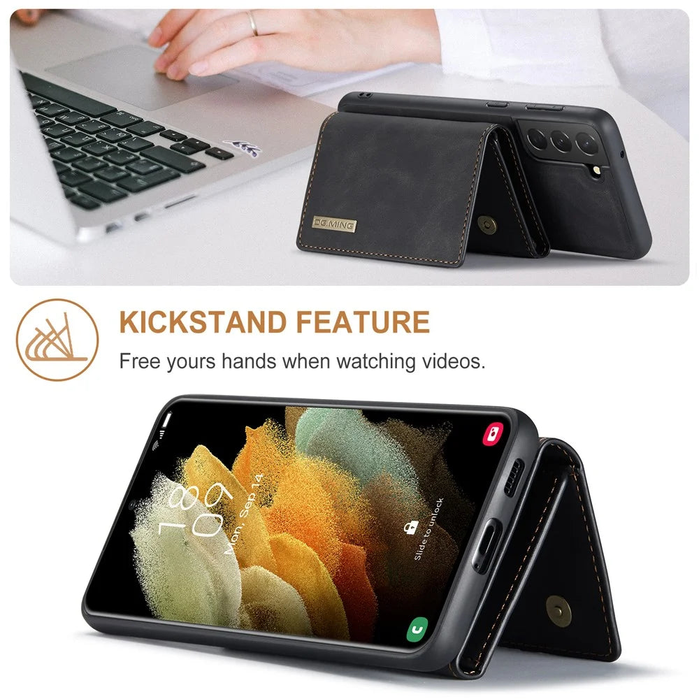 DG.MING M1 Series Detachable 2 in 1 Wallet Design Leather Coated TPU + PC Case with Kickstand for Samsung Galaxy S21 FE - Black - 2
