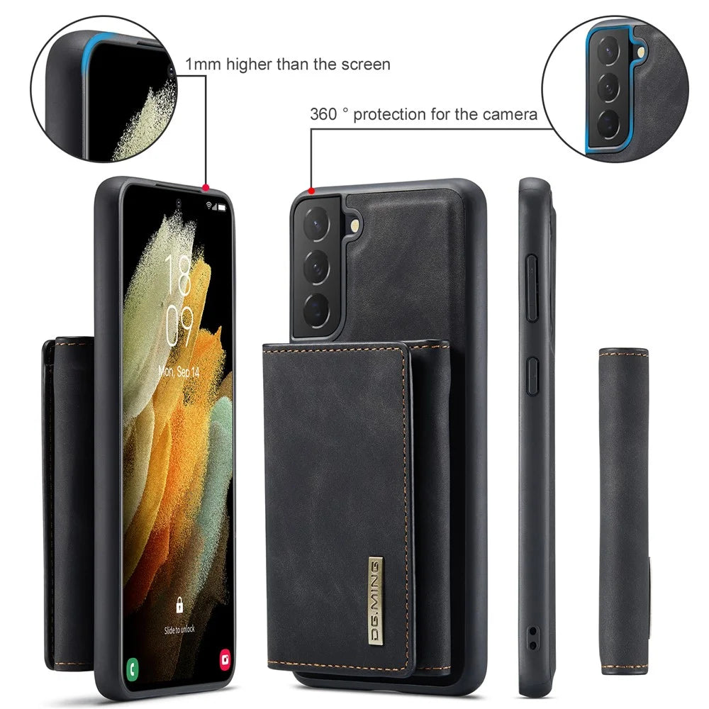 DG.MING M1 Series Detachable 2 in 1 Wallet Design Leather Coated TPU + PC Case with Kickstand for Samsung Galaxy S21 FE - Black - 6