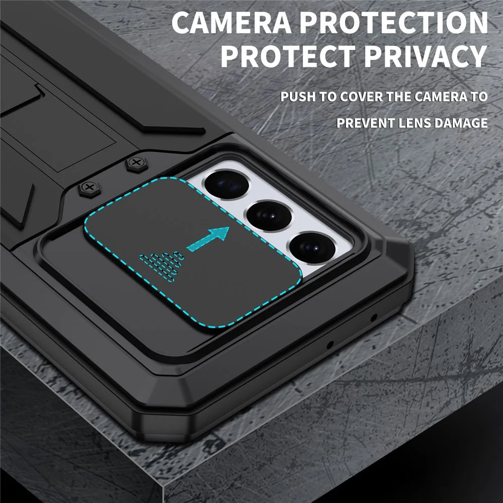 R-JUST Kickstand Full-Body Shockproof Metal Case with Built-in Screen Protector and Slide Camera Lens Cover for Samsung Galaxy S21 Ultra 5G - Black - 2