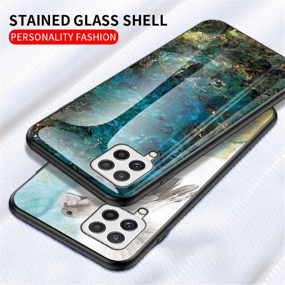 Tempered Glass Marble Pattern Shockproof Hybrid Protective Phone Hard PC Soft TPU Cover for Samsung Galaxy A22 4G (EU Version) - Black Marble - 5