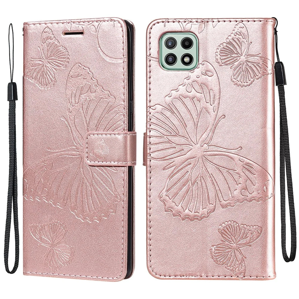 For Samsung Galaxy A22 5G (EU) Wallet Case Floral Butterfly Imprinted Leather Phone Cover Stand - Rose Gold - 1