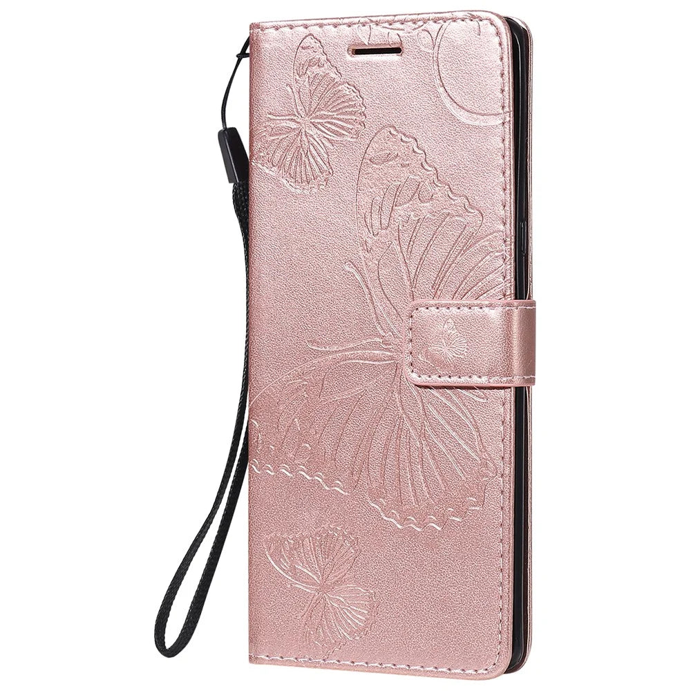 For Samsung Galaxy A22 5G (EU) Wallet Case Floral Butterfly Imprinted Leather Phone Cover Stand - Rose Gold - 2