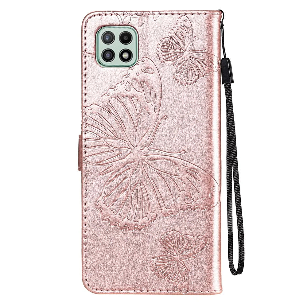 For Samsung Galaxy A22 5G (EU) Wallet Case Floral Butterfly Imprinted Leather Phone Cover Stand - Rose Gold - 3