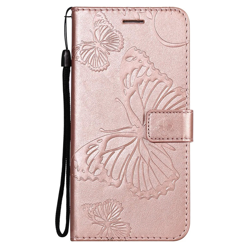 For Samsung Galaxy A22 5G (EU) Wallet Case Floral Butterfly Imprinted Leather Phone Cover Stand - Rose Gold - 4