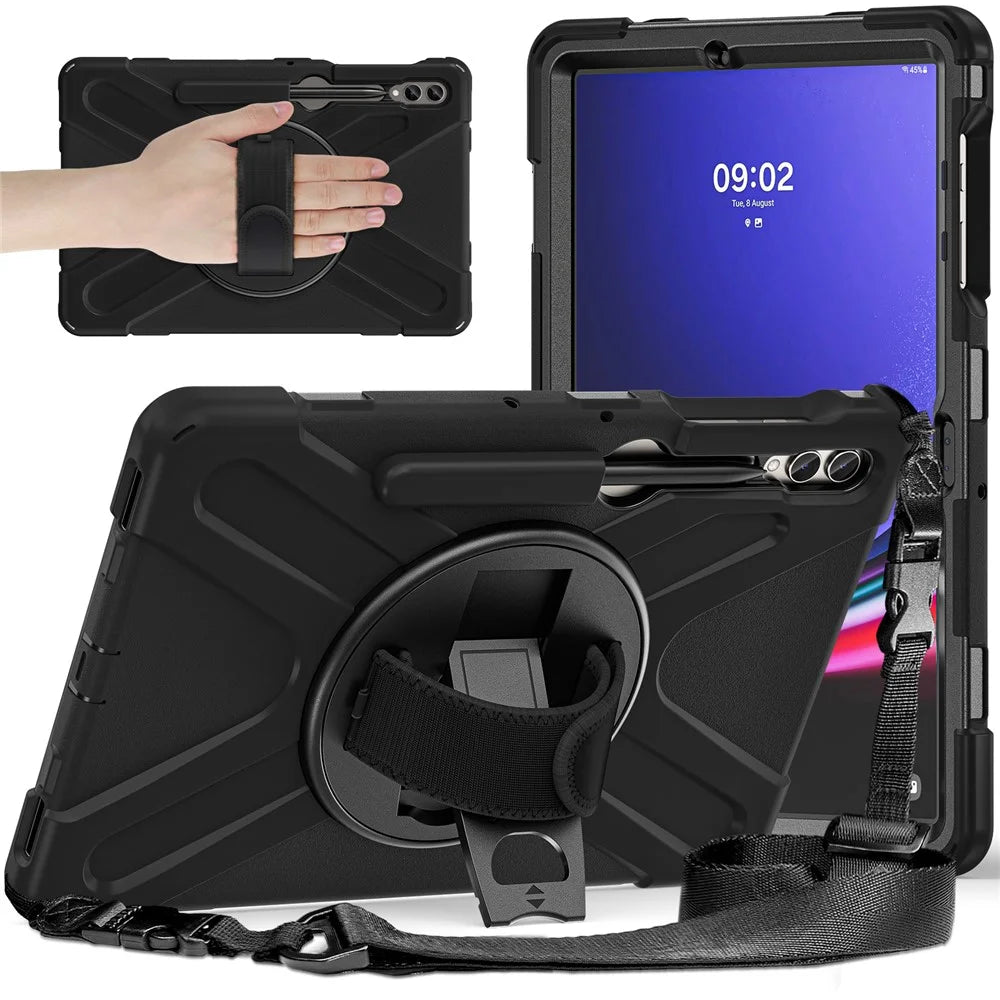 Case for Samsung Galaxy Tab S9 FE+ / S9+ / S8+ / S7+ / S7 FE T730 T735 T736B T736N Tablet Cover with Shoulder Strap - Black+Black - 1