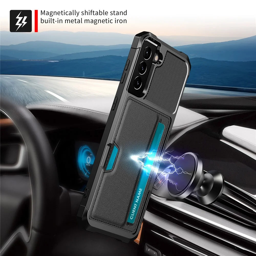ZM02 Card Slot Design PU Leather Coated TPU Hybrid Case with Built-in Magnetic Sheet for Samsung Galaxy S21 5G/4G - Black - 6